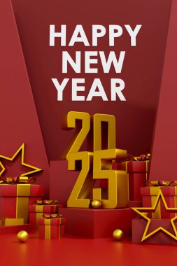 Kırmızı ve altın hediye kutularıyla, yıldızlarla ve festival dekorasyonlarıyla, tatil pazarlama malzemeleri, mevsimlik promosyonlar, afişler, broşürler ve e-kartlar için ideal olan 2025 yılınız kutlu olsun. 3B illüstrasyon