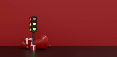 Aşk sembolleri, hediye kutuları, tatil pazarlama malzemeleri, mevsimlik promosyonlar, afişler, broşürler ve e-kartlar için ideal kalp şeklinde trafik ışığı. 3B illüstrasyon