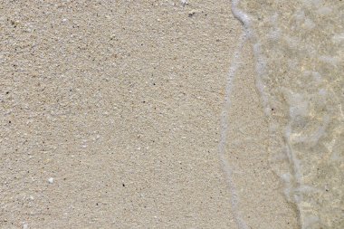 Temiz okyanus suyunun kıyıya vurduğu kumlu bir sahilin yakın görüntüsü huzurlu ve dokulu bir sahil manzarası yaratıyor.