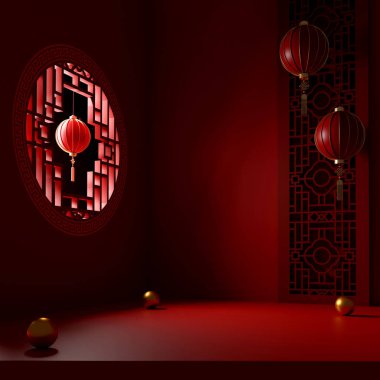 Geleneksel Çin kırmızı fenerleri minimalist doğu ortamında asılı, karmaşık pencere desenleri ve lüks kırmızı arka plan, kutlamalar, promosyonlar ve şenlik temaları için mükemmel