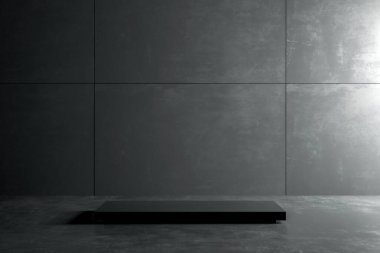 Minimalist koyu soyut iç tasarım. Yeraltı Stüdyosu, Koridor Otoparkı, Sığınak Sığınağı Bodrumu. 3B Görüntü