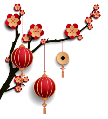 Şık kırmızı ve altın rengi Çin fenerleri erik çiçeği dalından sarkan, zenginliği ve Ay Yeni Yıl kutlamalarının iyi talihini simgeliyor.