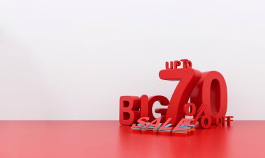Siyah arka planda koyu kırmızı ve beyaz tipografisi olan 3D büyük satış metni. Terfi, indirim, e-ticaret ve reklam kampanyaları için mükemmel.. 
