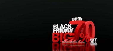 Cesur tipografisi ve% 70 indirim teklifi olan 3D Kara Cuma metni. E-ticaret, pazarlama ve tanıtım reklamları için modern alışveriş kavramı.