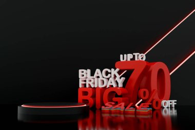 Cesur tipografisi ve% 70 indirim teklifi olan 3D Kara Cuma metni. E-ticaret, pazarlama ve tanıtım reklamları için modern alışveriş kavramı.