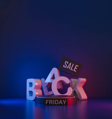 Neon ışıklandırma, modern tipografi ve dijital pazarlama ve ekommerce reklamları için fütürist bir alışveriş tanıtımı içeren 3D Kara Cuma indirimi..