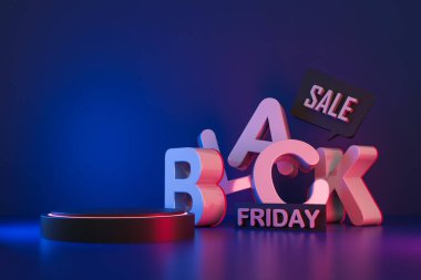 Neon ışıklandırma, modern tipografi ve dijital pazarlama ve ekommerce reklamları için fütürist bir alışveriş tanıtımı içeren 3D Kara Cuma indirimi..