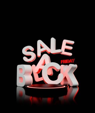 Neon ışıklandırma, modern tipografi ve dijital pazarlama ve ekommerce reklamları için fütürist bir alışveriş tanıtımı içeren 3D Kara Cuma indirimi..