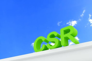 Mavi gökyüzüne karşı geri dönüşüm sembolü olan yeşil CSR metni, sürdürülebilirliği, çevre bilincini ve çevresel sorumluluğu simgeliyor..