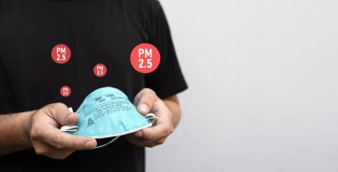 PM2.5 ve PM10 hava kirliliğinden korumak için N95 maskesi tutan bir adamın yakın çekimi, sağlık güvenliği ve solunum korumasını vurguladı.