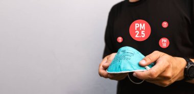 PM2.5 ve PM10 hava kirliliğinden korumak için N95 maskesi tutan bir adamın yakın çekimi, sağlık güvenliği ve solunum korumasını vurguladı.