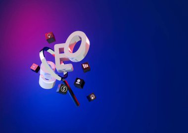 Parlak bir arama çubuğu ve büyüteçle modern 3D SEO kavramı, dijital pazarlamayı, arama optimizasyonunu ve sıralama stratejisini sembolize ediyor. 3B illüstrasyon