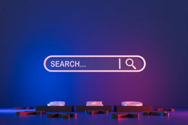 Parlak bir arama çubuğu ve büyüteçle modern 3D SEO kavramı, dijital pazarlamayı, arama optimizasyonunu ve sıralama stratejisini sembolize ediyor. 3B illüstrasyon