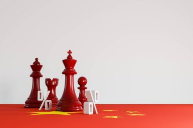 Çin bayrağındaki kırmızı satranç taşlarının yüzdelik işaretleri ticaret stratejisini, tarifeleri, ekonomiyi ve jeopolitik etkiyi temsil ediyor. 3B illüstrasyon