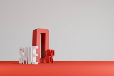 Minimum 3D satış metni ve temiz arka planda% 0 kırmızı-beyaz sembol. İndirimli promosyonlar, pazarlama ve reklam kampanyaları için mükemmel..