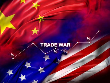 Ticaret savaş metni ve grafik çizelgesine sahip Çin ve ABD bayrakları, küresel pazar çatışmaları, tarifeler ve ekonomik etkileri simgeliyor