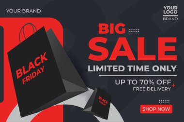 Cesur kırmızı metin, alışveriş torbaları ve indirim detaylarıyla modern Kara Cuma bayrağı. Çevrimiçi reklamlar, mağazalar ve mevsimlik pazarlama için mükemmel.