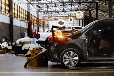 Parçalanmış araç ve dijital ikonlar ile modern araba tamir atölyesi tanılama, araç gereç ve parçaları gösteriyor. Akıllı otomobil servisi, garaj teknolojisi ve gelecekteki otomotiv bakımı kavramı.