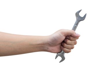 Beyaz arkaplandaki el sıkıştırıcı anahtar aletine yakın plan. Tamir, bakım, tamirat veya endüstriyel iş kavramı. 