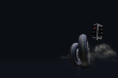 Siyah arka planda kırmızı ışığı ve dumanı olan iki motosiklet lastiği performansı ve sokak yarışını simgeliyor..