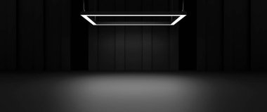 Parlak kırmızı girişleri olan koyu fütüristik iç mekan, bilim kurgu garajı için mükemmel, otomotiv teknolojisi konsepti veya uzay gemisi yanaşma bölümü görselleri.