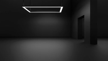 Parlak kırmızı girişleri olan koyu fütüristik iç mekan, bilim kurgu garajı için mükemmel, otomotiv teknolojisi konsepti veya uzay gemisi yanaşma bölümü görselleri.