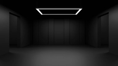 Parlak kırmızı girişleri olan koyu fütüristik iç mekan, bilim kurgu garajı için mükemmel, otomotiv teknolojisi konsepti veya uzay gemisi yanaşma bölümü görselleri.