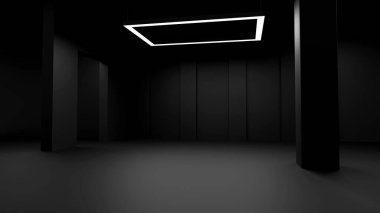 Parlak kırmızı girişleri olan koyu fütüristik iç mekan, bilim kurgu garajı için mükemmel, otomotiv teknolojisi konsepti veya uzay gemisi yanaşma bölümü görselleri.