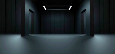 Parlak kırmızı girişleri olan koyu fütüristik iç mekan, bilim kurgu garajı için mükemmel, otomotiv teknolojisi konsepti veya uzay gemisi yanaşma bölümü görselleri.