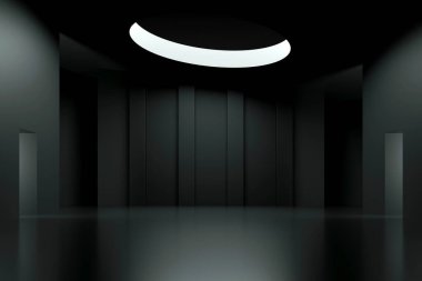 Parlak kırmızı girişleri olan koyu fütüristik iç mekan, bilim kurgu garajı için mükemmel, otomotiv teknolojisi konsepti veya uzay gemisi yanaşma bölümü görselleri.