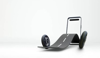 Motosiklet tekerlekleri olan, hareket kabiliyetini, yeniliği ve modern taşımacılıktaki yol güvenliğinin önemini sembolize eden eğri büğrü bir yolun gerçeküstü görüntüsü..