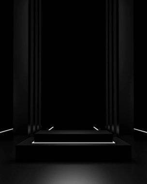 Neon ışıklı aksanlı modern karanlık sahne, ürün görüntüleme veya modelleme için soyut fütüristik arkaplan