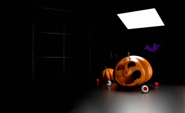 Balkabakları, yarasalar, göz küresi, tabut ve sezonluk şenlik tasarımı için arka planda hediye kutuları olan ürkütücü Cadılar Bayramı sahnesi.