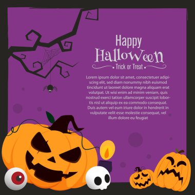 Balkabakları, hayaletler, kazanlar, kafatasları, yarasalar ve ürkütücü mevsimsel tasarım ve promosyonlar için dolunay içeren bayram sahnesi.