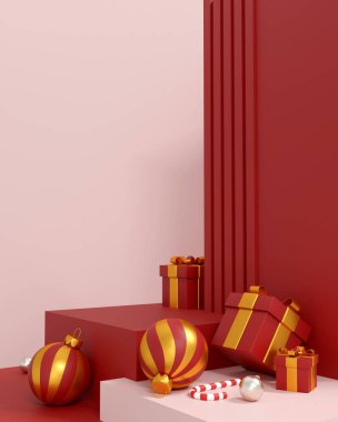 Noel podyumu sahnesi kırmızı hediye kutuları, süsler ve en az festival tasarımına sahip baston şekerler.