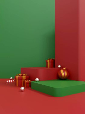 Kırmızı ve altın hediye kutuları, süsler ve yeşil arkaplanlı kırmızı podyumda şeker kamışı ile şenlikli Noel sahnesi