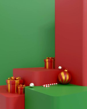 Kırmızı ve altın hediye kutuları, süsler ve yeşil arkaplanlı kırmızı podyumda şeker kamışı ile şenlikli Noel sahnesi