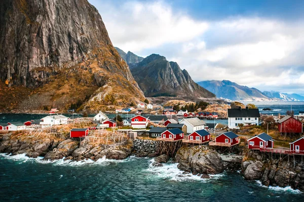 Traditional Fishing Hut Village in Hamnoy Mountain Peak in Lofoten Islands, Norway. Travel 