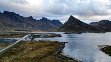 Gimsystraumen bru, Lofoten islands, Norway. October, fall, drone photo