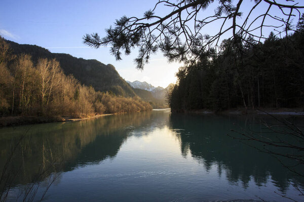 Lech river, by winter, Tyrol, Austria. Drone photo