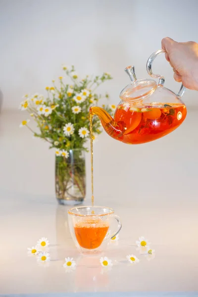 Sağlıklı Tedavi Edici Lezzetli Papatya Çiçeği Aromalı Çiçek Çayı — Stok fotoğraf