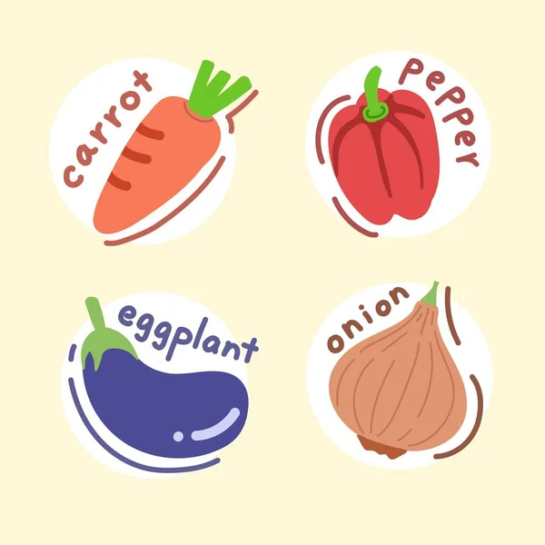 Illustrations of vegetables, including carrots, eggplants, bell peppers, onions, etc