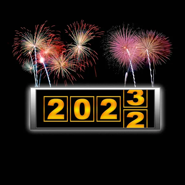 Illustrazione Felice Anno Nuovo 20232 Con Fuochi Artificio Contatore Metallo — Foto Stock