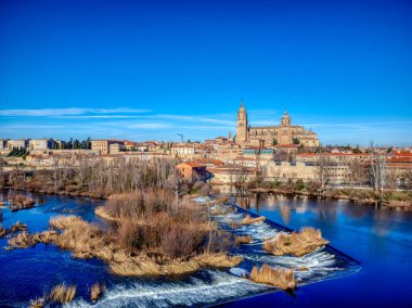 İspanya 'da Tormes nehrindeki Salamanca Katedrali manzarası.