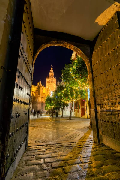 Noční Pohled Katedrálu Seville Nádhernou Giraldou Vánoční Ozdoba — Stock fotografie