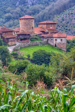 Asturias dağlarındaki Bandujo 'nun ortaçağ köyü manzarası. İspanya 'nın kuzeyi.