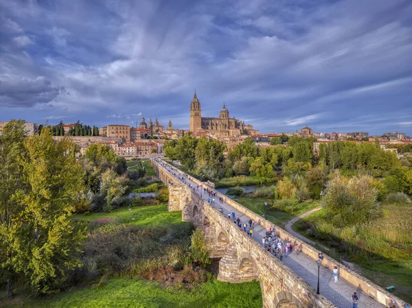 Veduta Aerea Salamanca Con Cattedrale Sullo Sfondo Ponte Romano Primo — Foto Stock