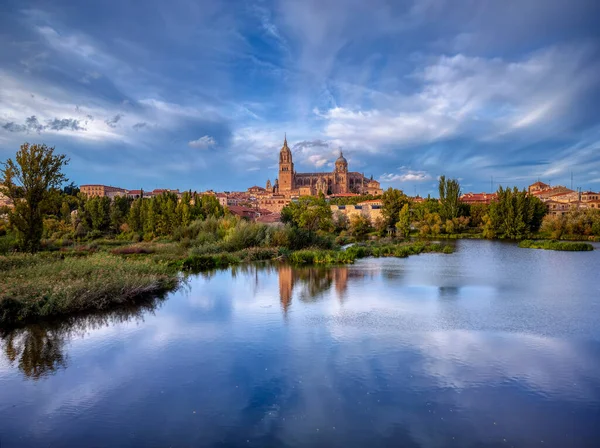 Vista Catedral Salamanca Refletida Rio Tormes Espanha — Fotografia de Stock