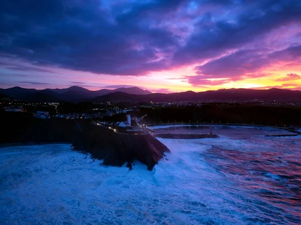 Widok Lotu Ptaka Luarca Asturii Strony Morza Zachodzie Słońca Hiszpania — Zdjęcie stockowe