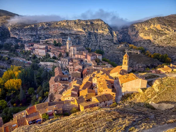 Vue Sur Albarracin Coucher Soleil Avec Église Santa Maria Santiago — Photo